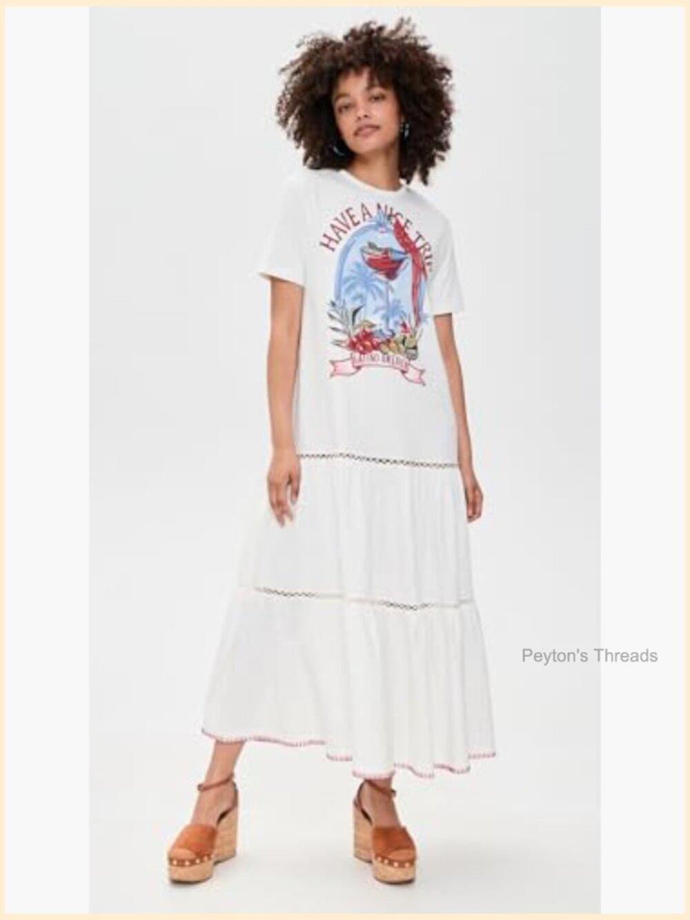 Women's Maxi Dress with Tropical Graphic, Crew Neck, Short Sleeves, A-Line - Picture 5 of 6